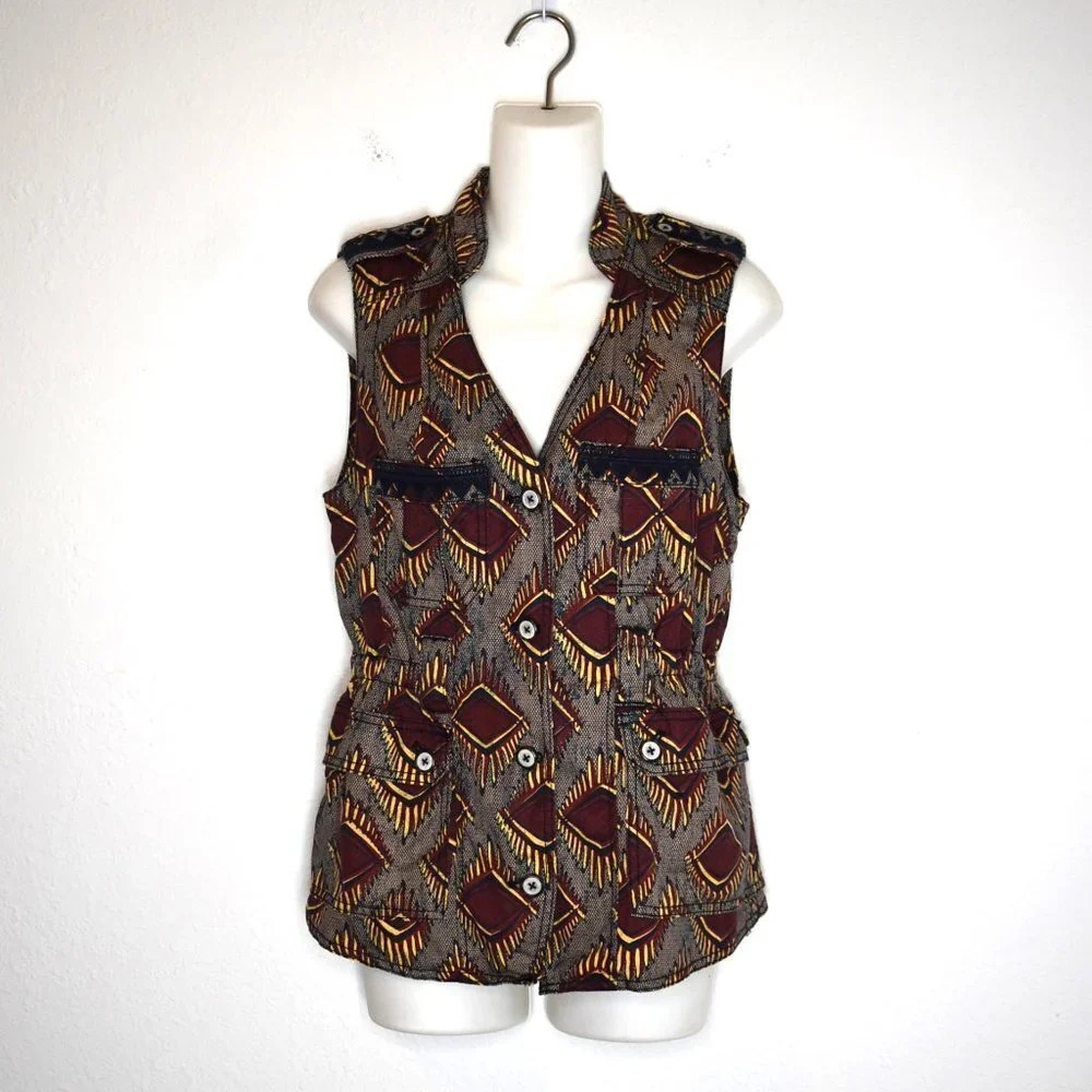 Anthropologie Elevenses Button Front Vest Sz XS Embroidered Aztec Safari Boho